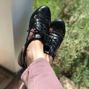 Black floral lace sheer side panel shoes.